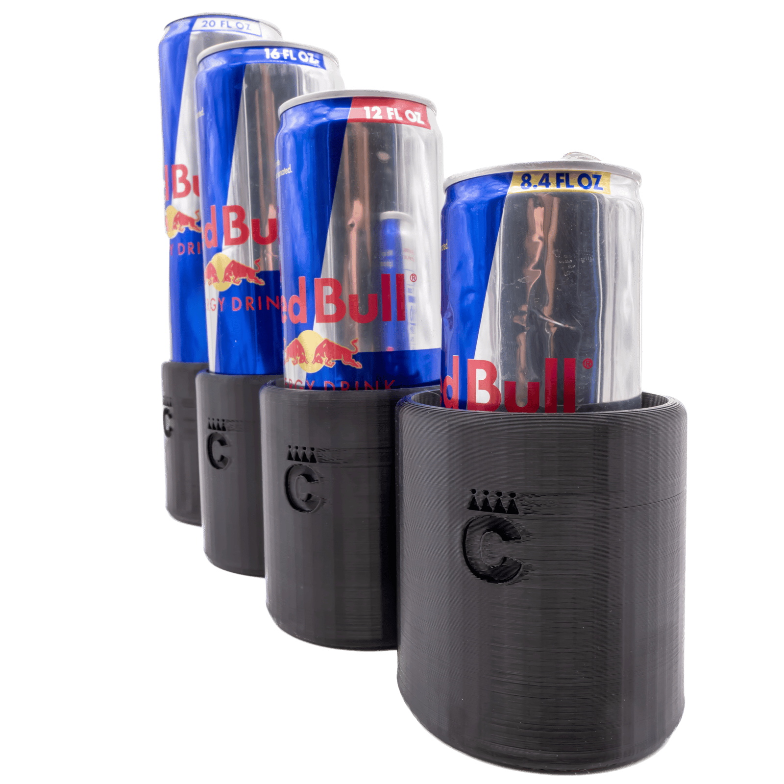 Skinny Can Holder lineup holding every Red Bull can size