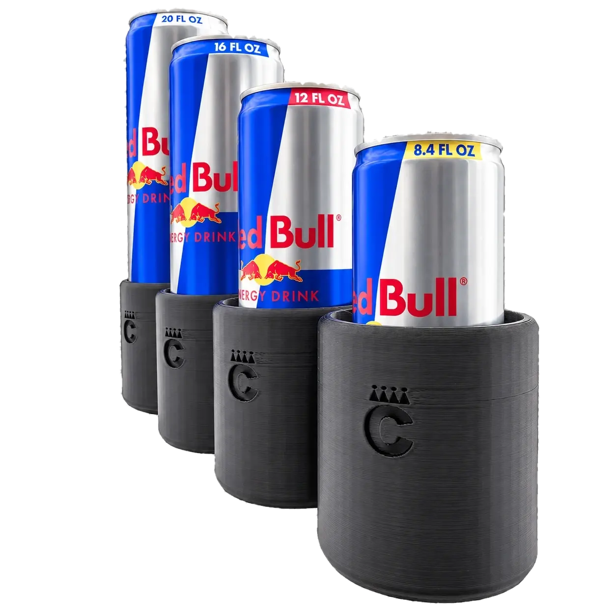 Skinny Can Holder shown with 8.4 oz, 12 oz, 16 oz, and 20 oz slim Red Bull cans